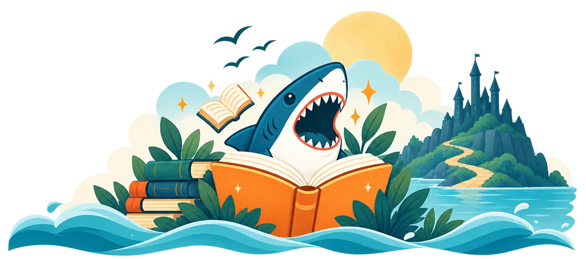 A cheerful shark reading an open book in a whimsical ocean adventure