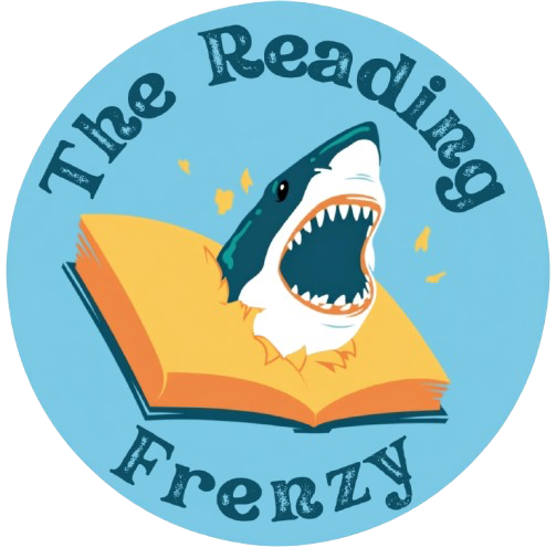 The Reading Frenzy logo with an open book and subtle shark fin